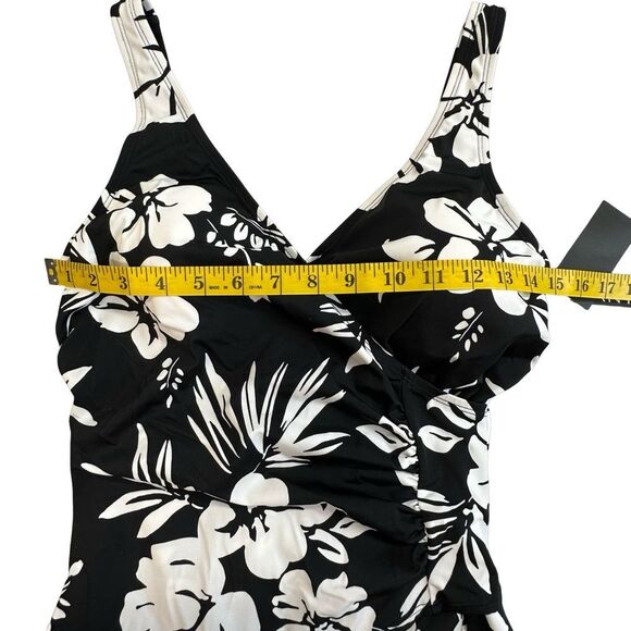 JANTZEN NWT Black & White Floral Wrap Waist Fully Lined Swimsuit Size 12 - Picture 7 of 12